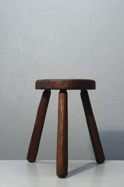 Tabouret Tripode De Ferme Bois Sculpté