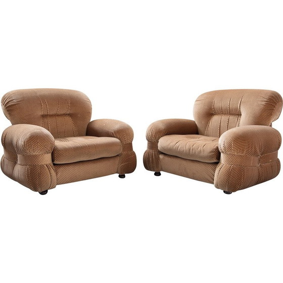 Image 1 of Paire de fauteuils vintage en bois et tissu chenillé, Italie 1970