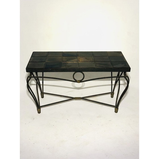 Image 1 of Table basse vintage en céramique, fer forgé et verre églomisé