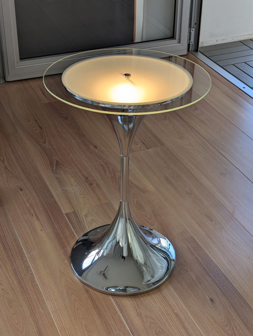 Table d'appoint en verre avec éclairage et pied tulipe chromé