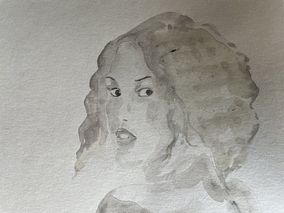 Image 1 of Aquarelle Sépia Portrait Femme « Regard »