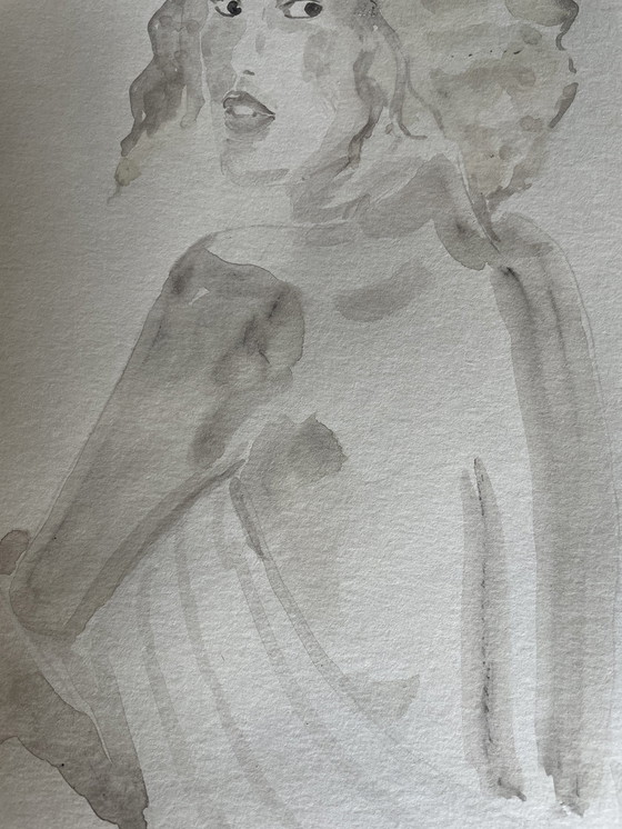 Image 1 of Aquarelle Sépia Portrait Femme « Regard »