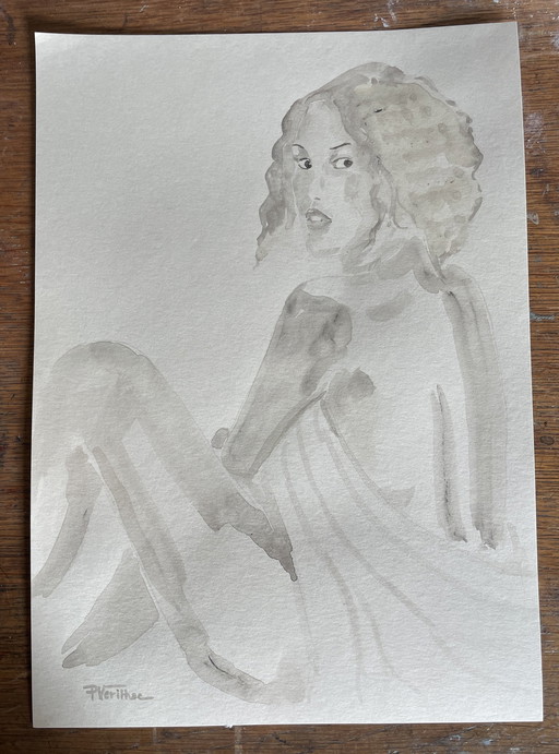 Aquarelle Sépia Portrait Femme « Regard »