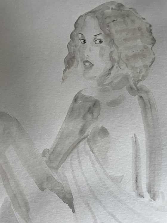 Image 1 of Aquarelle Sépia Portrait Femme « Regard »