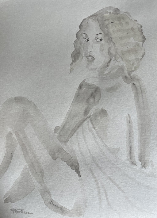 Aquarelle Sépia Portrait Femme « Regard »