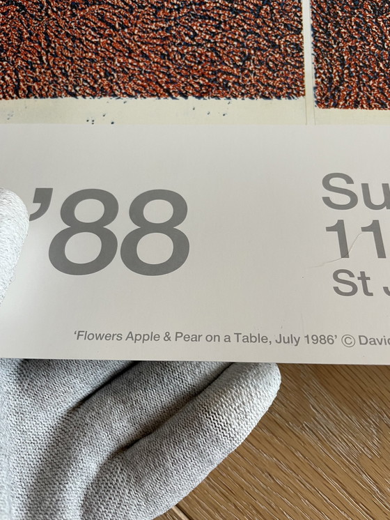 Image 1 of David Hockney, "Flowers, Apple & Pear On A Table, July 1986", Copyright David Hockney 1986, Printed In England