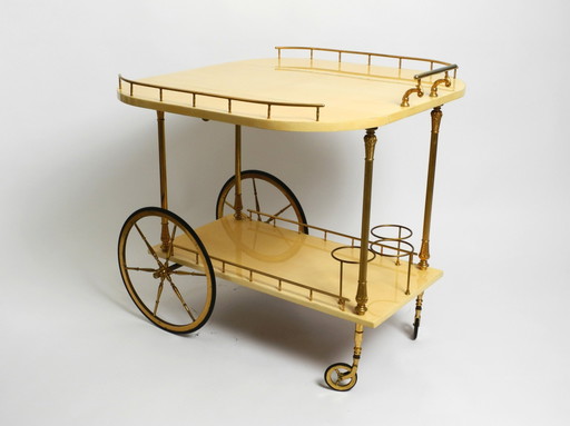 Large 1960S Aldo Tura Serving Bar Cart Covered With Goat Leather In Beige Yellow | Made In Italy