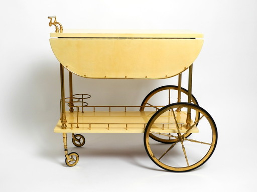 Large 1960S Aldo Tura Serving Bar Cart Covered With Goat Leather In Beige Yellow | Made In Italy