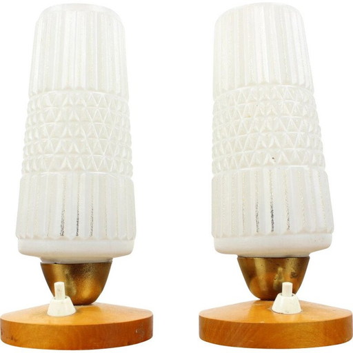 Paire de lampes vintage en verre et bois, Allemagne 1970