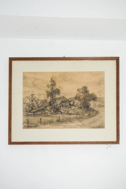 Ancien dessin de paysage de campagne hollandais par P. Schmidt * 1920S * Encadré * Croquis original