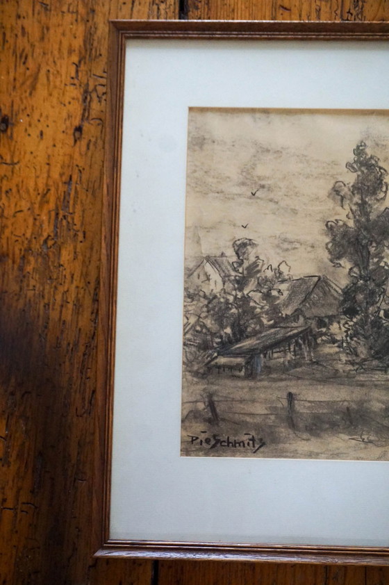 Image 1 of Ancien dessin de paysage de campagne hollandais par P. Schmidt * 1920S * Encadré * Croquis original