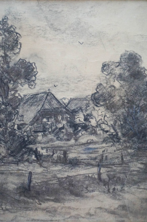 Image 1 of Ancien dessin de paysage de campagne hollandais par P. Schmidt * 1920S * Encadré * Croquis original