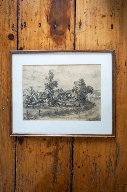 Ancien dessin de paysage de campagne hollandais par P. Schmidt * 1920S * Encadré * Croquis original