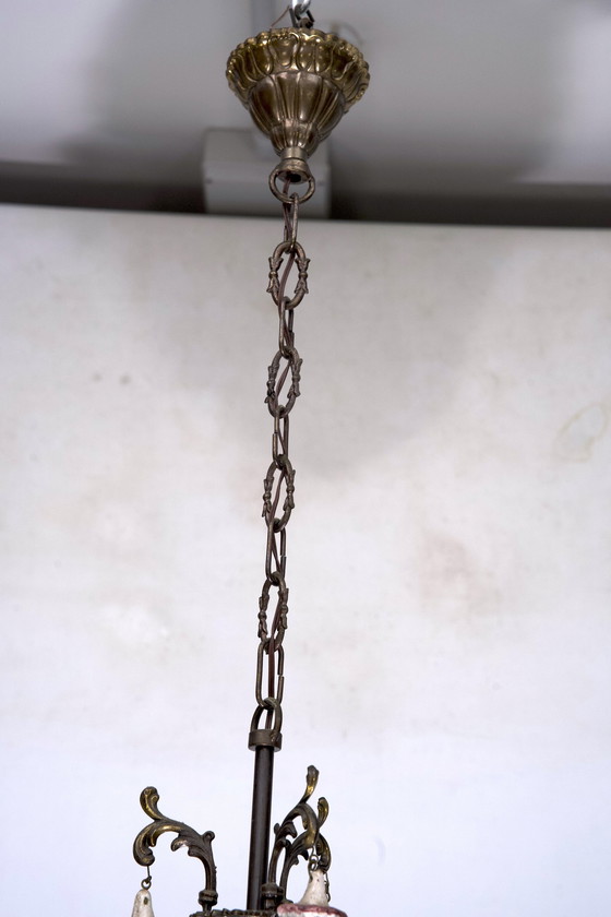 Image 1 of Lanterne italienne en laiton, verre gravé et fleurs de Capodimonte des années 50