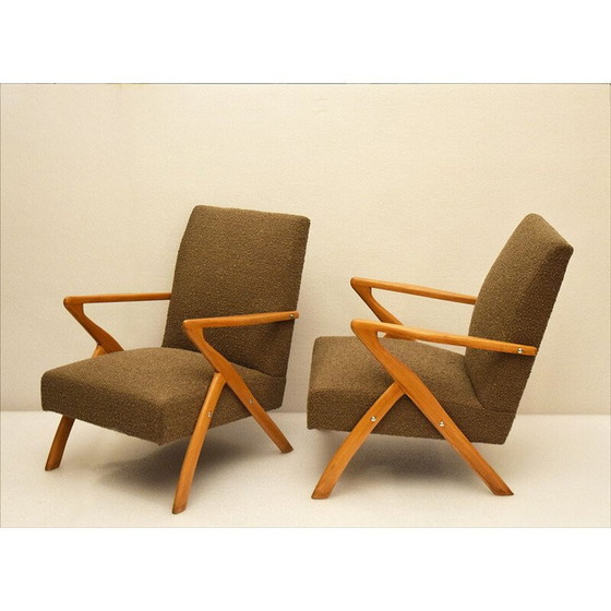 Image 1 of Paire de fauteuils scandinaves vintage en bois et tissu bouclé, 1950