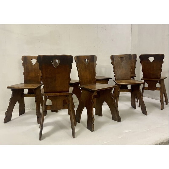 Image 1 of Ensemble de 8 chaises en chêne brutalistes, années 1940