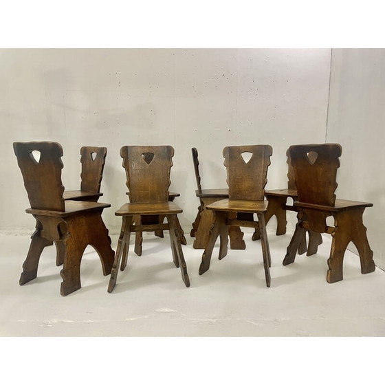 Image 1 of Ensemble de 8 chaises en chêne brutalistes, années 1940