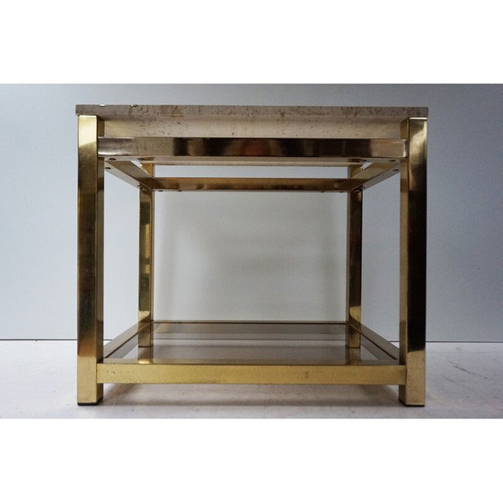 Image 1 of Table d'appoint vintage en travertin, or, verre et laiton par Alain Delon pour Maison Jansen, 1970