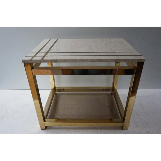 Image 1 of Table d'appoint vintage en travertin, or, verre et laiton par Alain Delon pour Maison Jansen, 1970