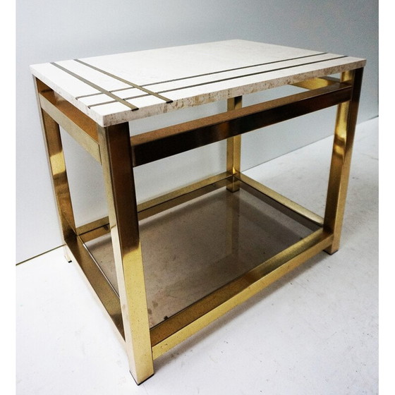 Image 1 of Table d'appoint vintage en travertin, or, verre et laiton par Alain Delon pour Maison Jansen, 1970
