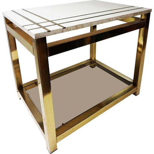 Table d'appoint vintage en travertin, or, verre et laiton par Alain Delon pour Maison Jansen, 1970