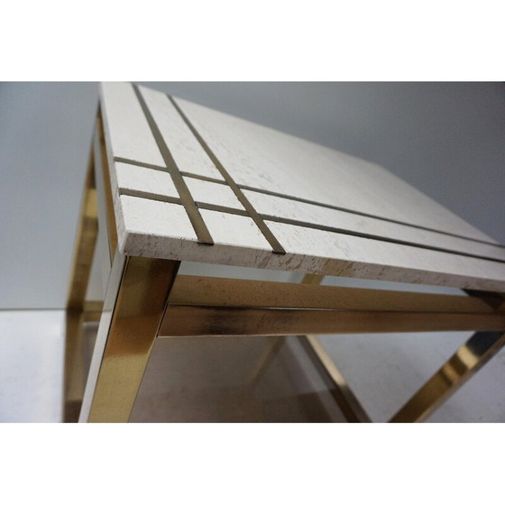 Image 1 of Table d'appoint vintage en travertin, or, verre et laiton par Alain Delon pour Maison Jansen, 1970