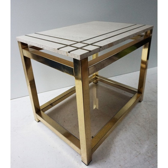 Image 1 of Table d'appoint vintage en travertin, or, verre et laiton par Alain Delon pour Maison Jansen, 1970
