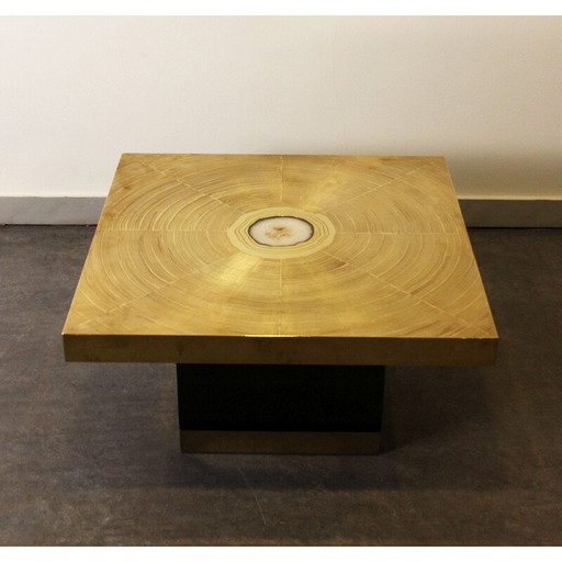 Table basse vintage en laiton gravé et pierre d'agate par Lova Creation, 1970