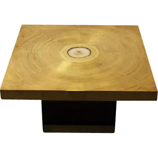 Table basse vintage en laiton gravé et pierre d'agate par Lova Creation, 1970