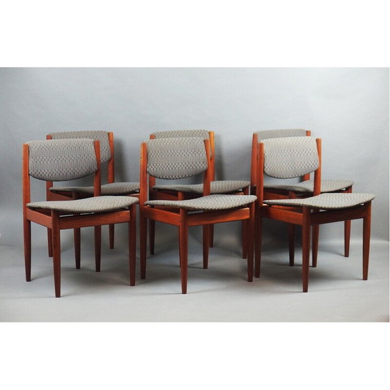 Image 1 of Ensemble de 6 chaises vintage modèle "197" en teck et tissus par Finn Juhl pour France et Son, Danemark 1960