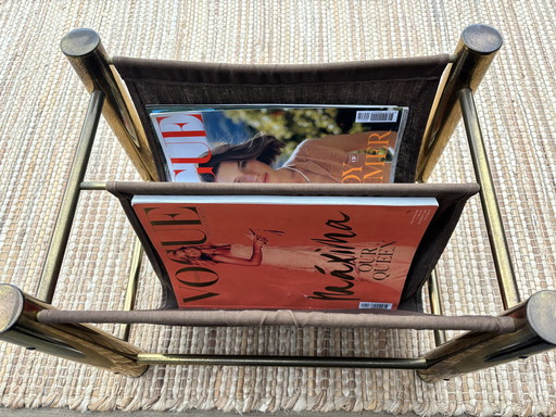 Porte-revues vintage en métal doré et tissu