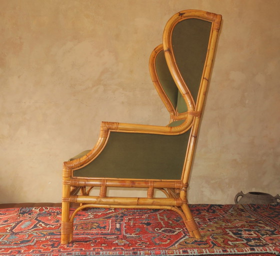 Image 1 of Fauteuil à oreilles Mid Century en bambou et vert olive, années 1960