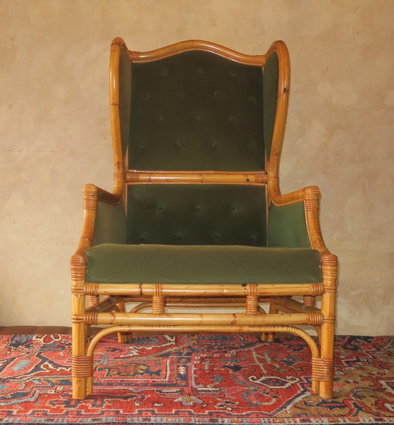 Image 1 of Fauteuil à oreilles Mid Century en bambou et vert olive, années 1960