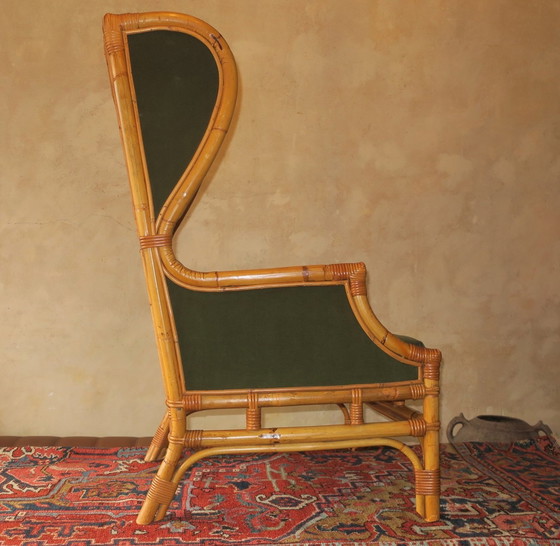 Image 1 of Fauteuil à oreilles Mid Century en bambou et vert olive, années 1960