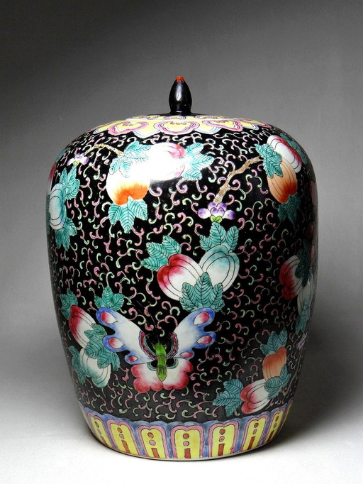 Grande Potiche Ancienne, Pot À Gingembre, Porcelaine Chinoise Émaillée Noire