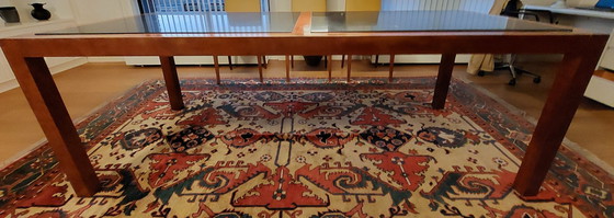 Image 1 of Grande table à manger en bois avec 2 plateaux en granit incrustés