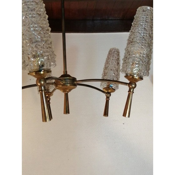 Image 1 of Lustre vintage en laiton et verre, 1950