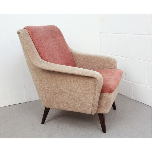 Fauteuil bicolore en velours beige et rose pâle - années 1950
