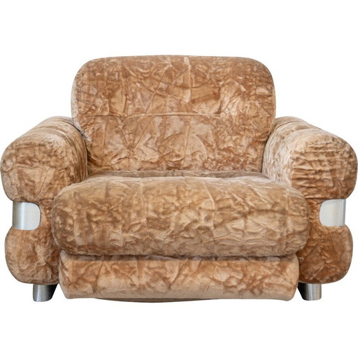 Fauteuil vintage en chenille et aluminium brossé, Italie 1970
