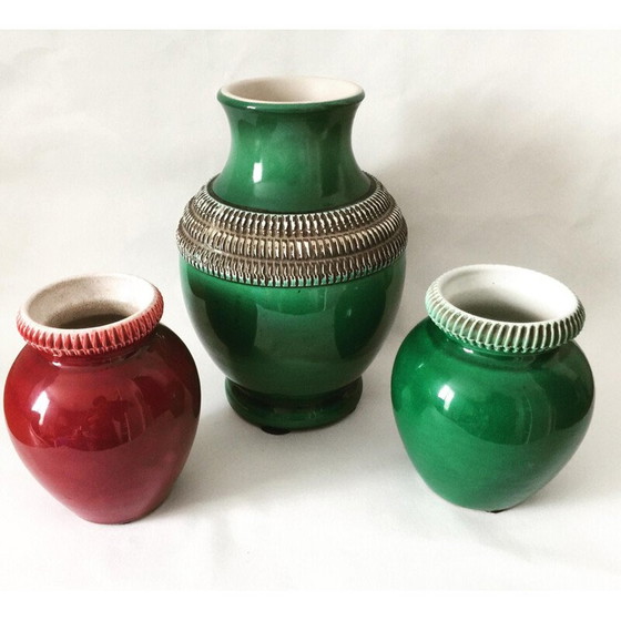Image 1 of Ensemble de 3 vases vintage en céramique émaillée rouge et verte par Pol Chambost