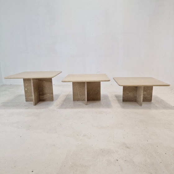 Image 1 of Ensemble de 3 tables basses vintage en travertin, Italie 1990