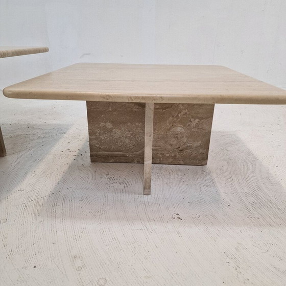 Image 1 of Ensemble de 3 tables basses vintage en travertin, Italie 1990