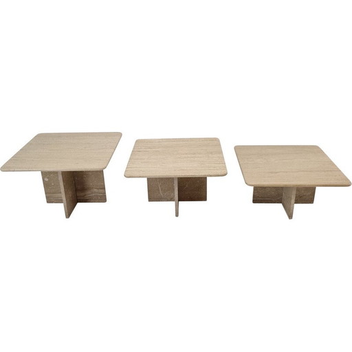 Ensemble de 3 tables basses vintage en travertin, Italie 1990