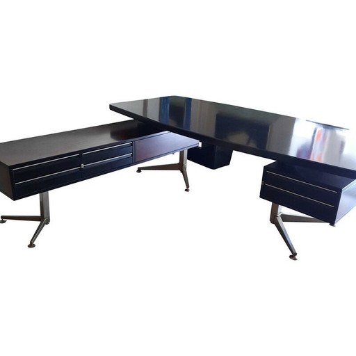 Bureau de direction, acajou vintage et métal brossé pour Abbondinterni, Italie 1970