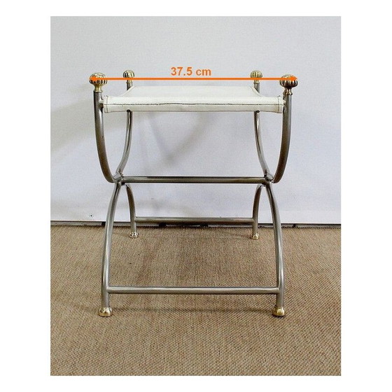 Image 1 of Tabouret vintage Curule en cuir blanc et acier