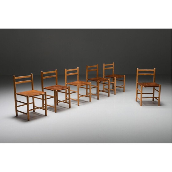 Image 1 of Chaise française vintage en bois et cuir, France 1950