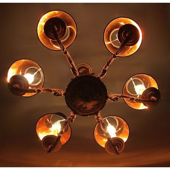 Image 1 of Lustre vintage en bronze doré à 6 lumières
