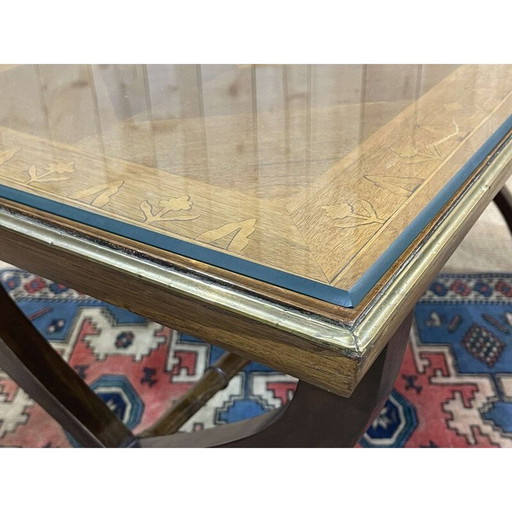 Table basse vintage en marqueterie et verre, Angleterre 1950