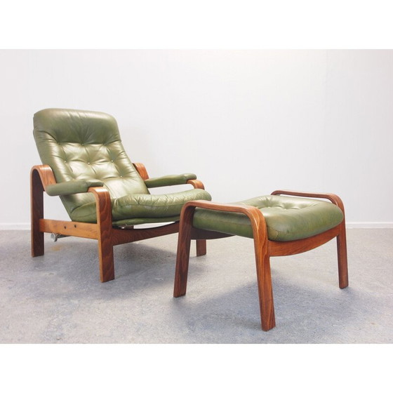 Image 1 of Chaise longue vintage en cuir vert et ottoman par G-Mobel, 1970