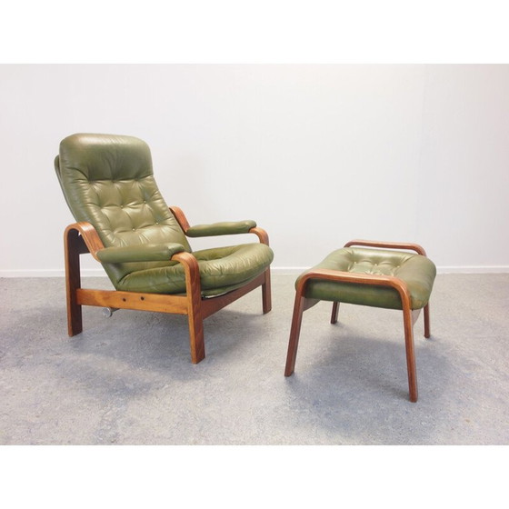 Image 1 of Chaise longue vintage en cuir vert et ottoman par G-Mobel, 1970
